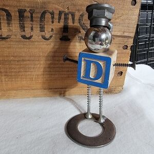 Metal and Wood Robot Figurine with Blue D Block and Chef Hat